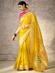 Exquisite Mustard Color Zari Weaving Silk Haldi Wear Saree With Blouse