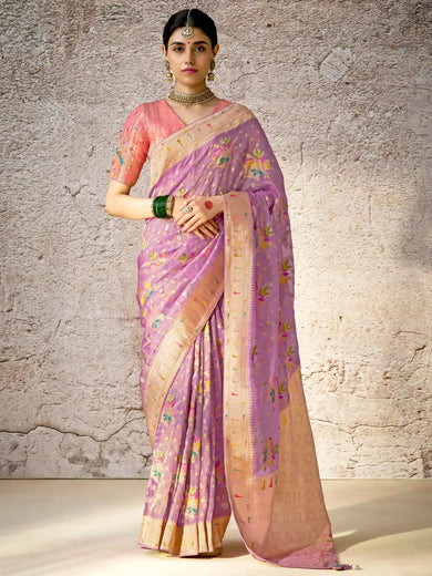 Majestic Lavender Zari Weaving Silk Function Wear Saree With Blouse