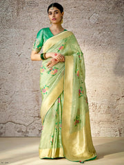 Fantastic Light Green Zari Weaving Silk Event Wear Saree With Blouse