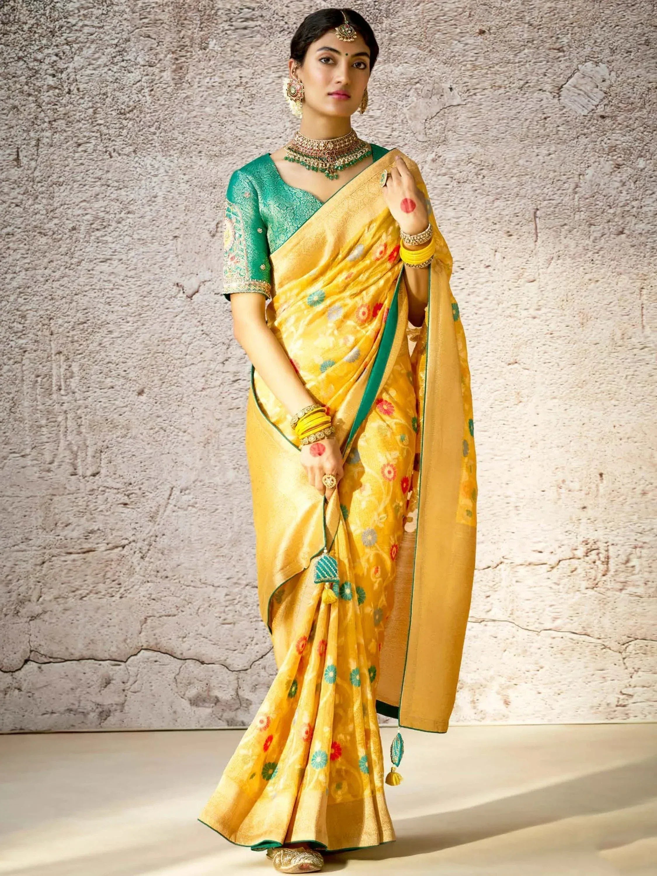 Yellow floral saree with green blouse, traditional Indian ethnic wear for women