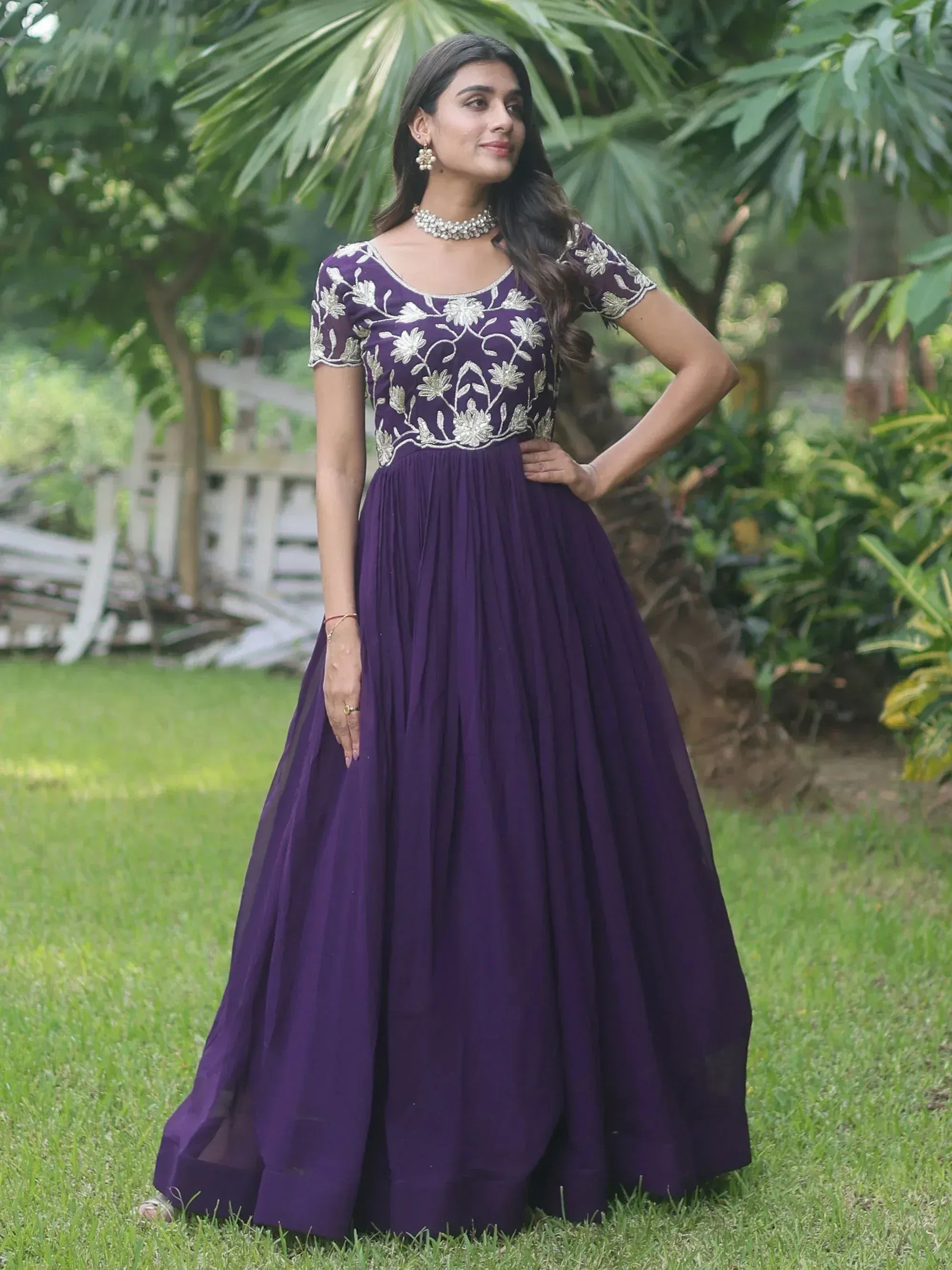 Purple ethnic gown with floral embroidery, perfect for Indian occasions and events