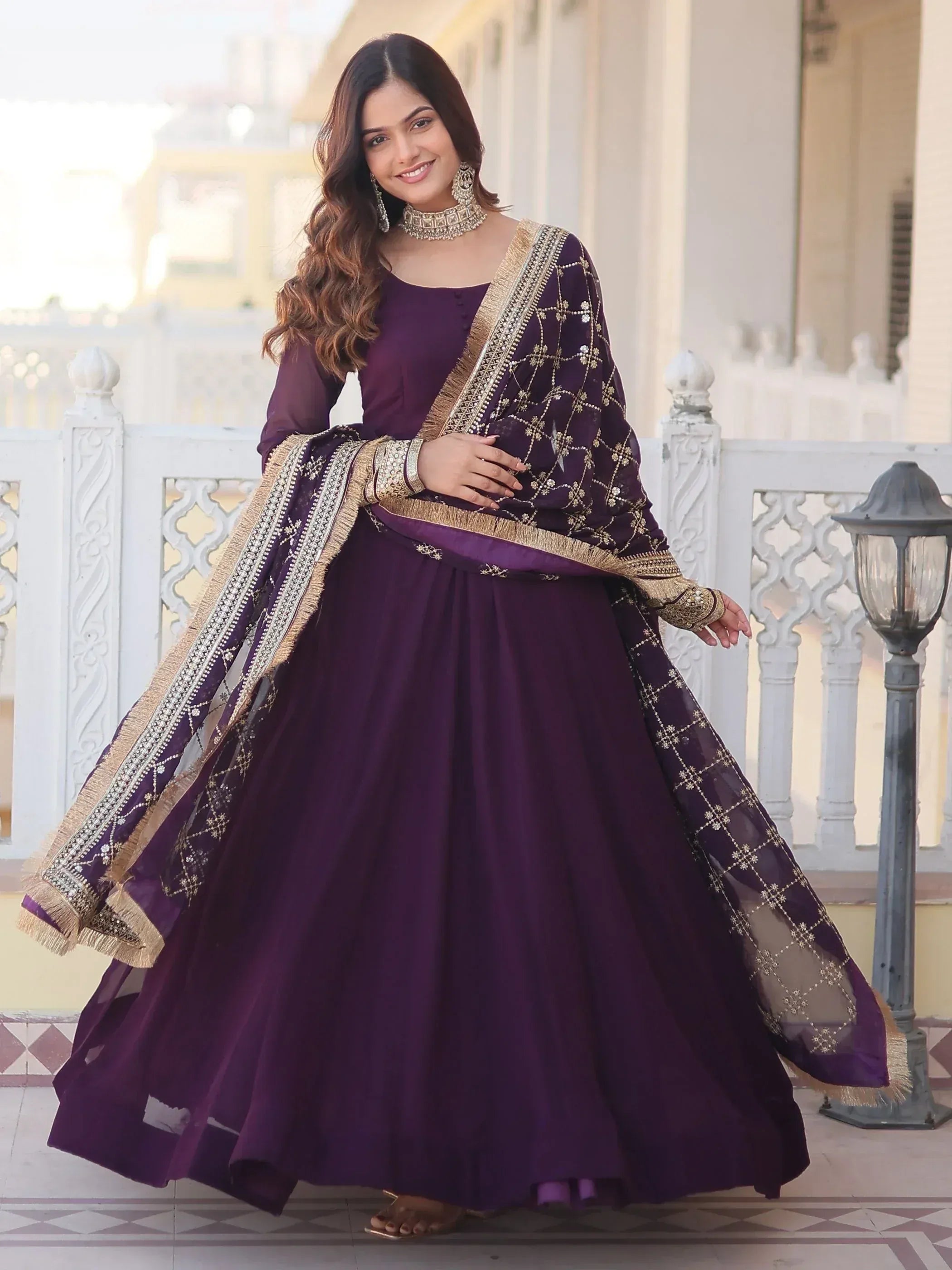 Purple designer lehenga choli with gold embroidery and dupatta, ethnic Indian wear for women