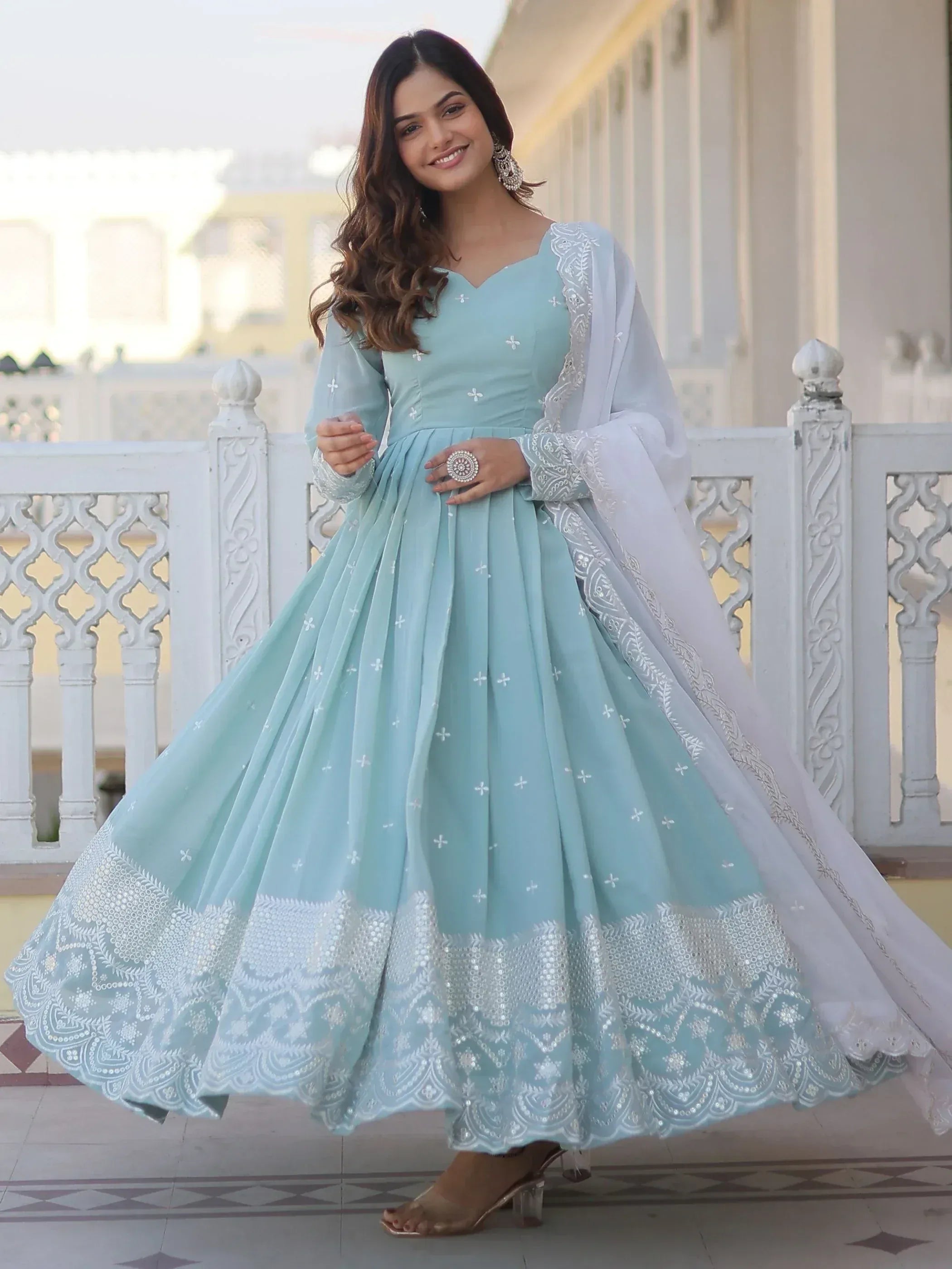 Light blue embroidered anarkali with white dupatta, perfect for Indian ethnic occasions