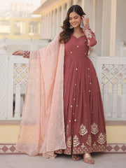 Magnetic Coral Red Sequins Georgette Festival Wear Gown With Dupatta