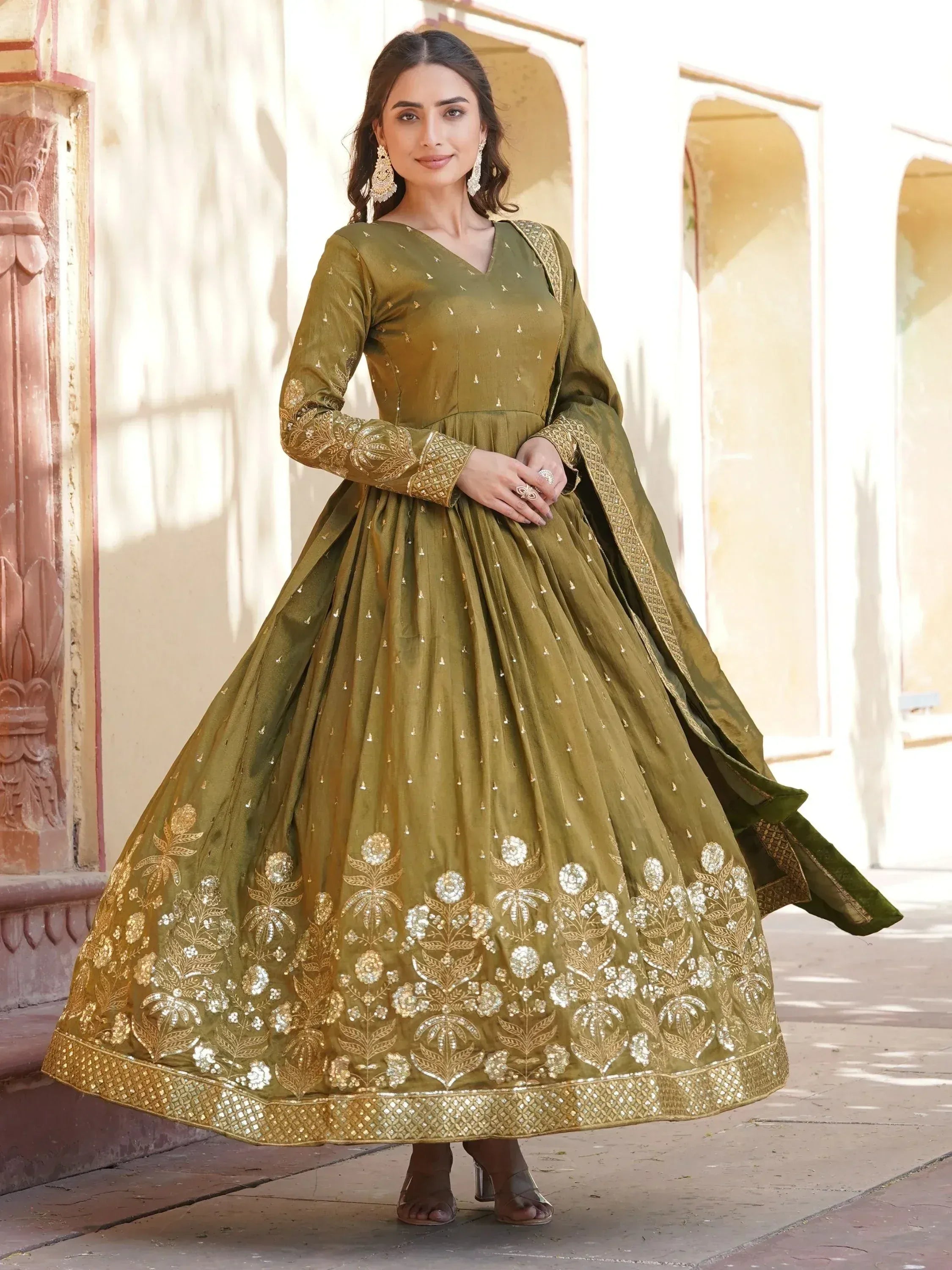 Olive green designer anarkali with gold floral embroidery, perfect for Indian ethnic wear occasions