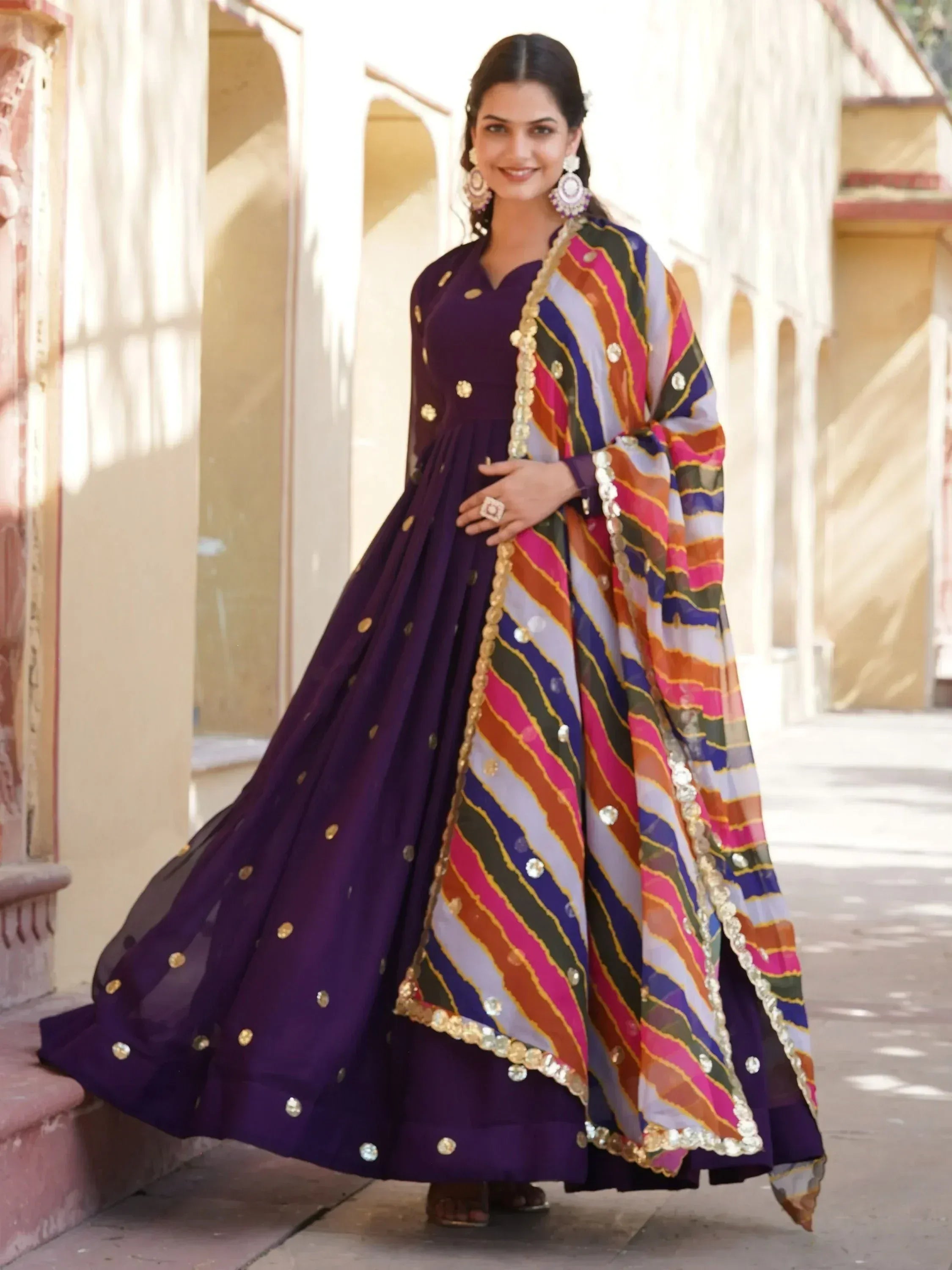 Purple Indian anarkali with colorful striped dupatta, ethnic wear for women