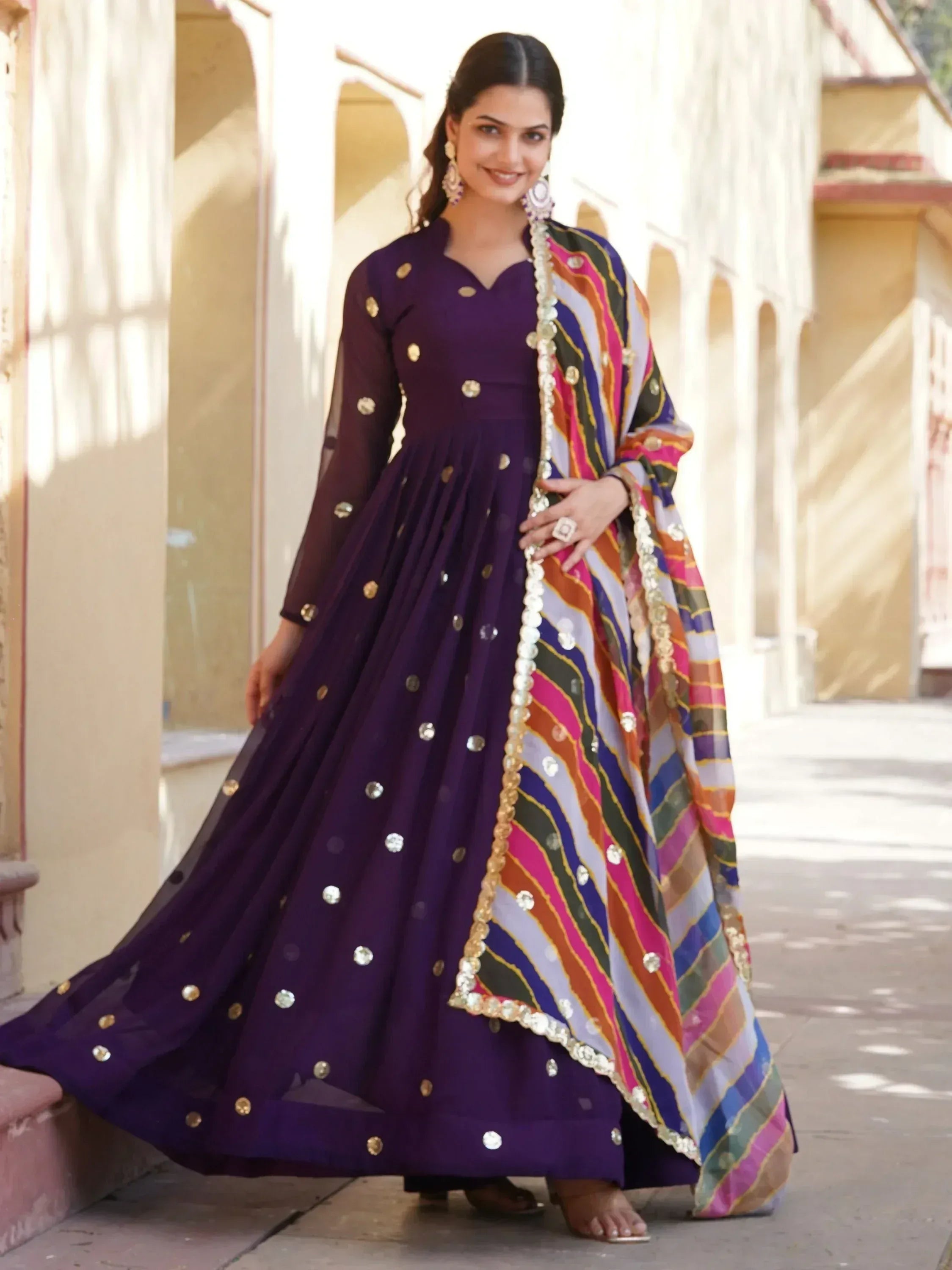 Purple anarkali with gold mirror work and colorful striped dupatta, Indian ethnic wear