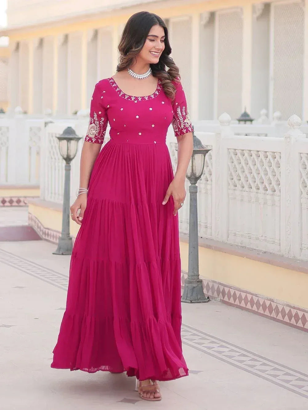 Pink ethnic gown with embroidery, perfect for Indian occasions and festive wear