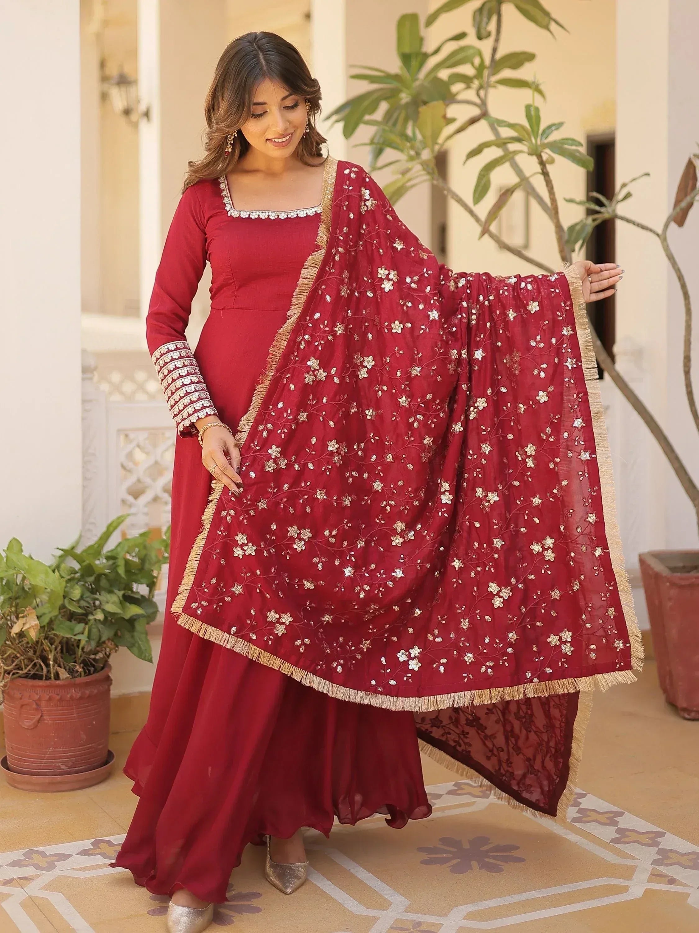 Maroon embroidered salwar kameez with floral dupatta, Indian ethnic wear for women