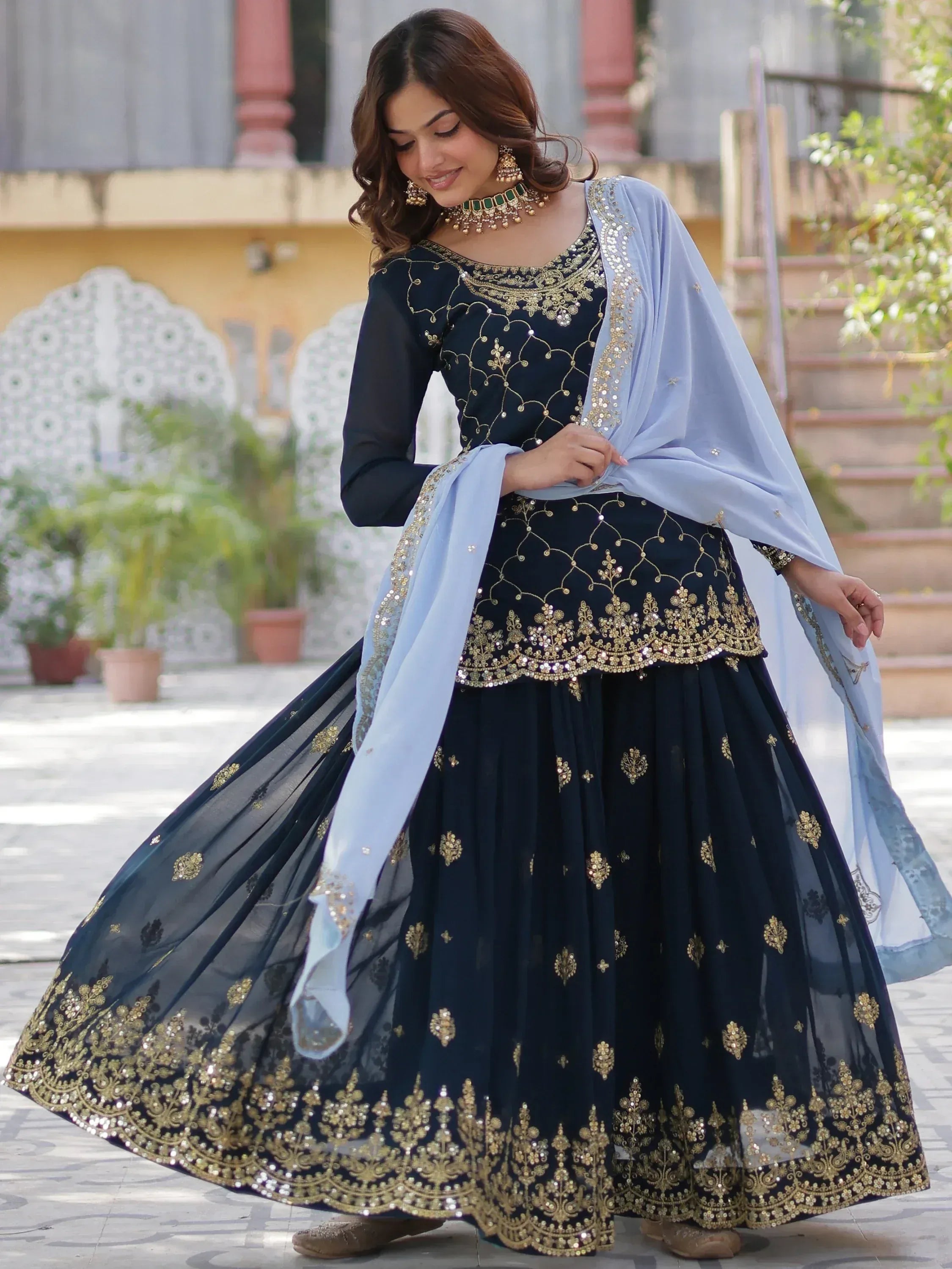 Navy blue embroidered lehenga choli with gold work and light blue dupatta, Indian ethnic wear