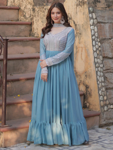 Attractive Sky Blue Beads Work Georgette Traditional Gown With Dupatta