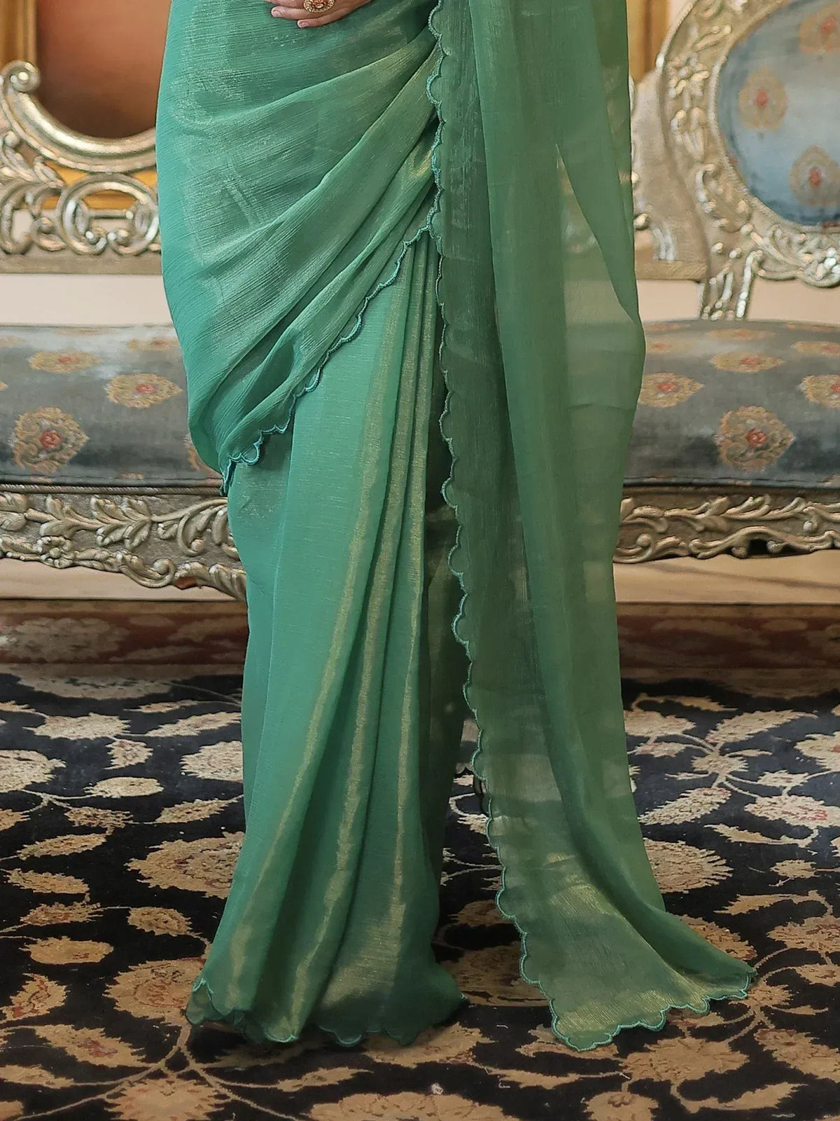 Emerald green saree with scalloped border, elegant Indian ethnic wear for women
