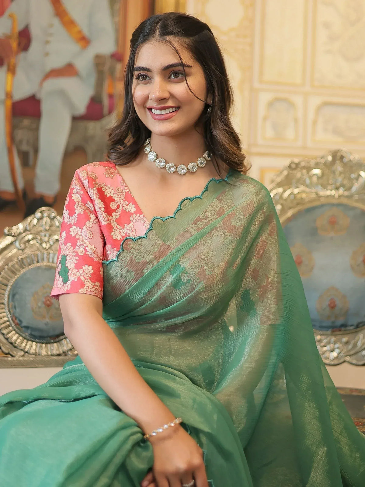Woman in green saree with pink floral blouse, ethnic Indian wear, designer saree, traditional attire