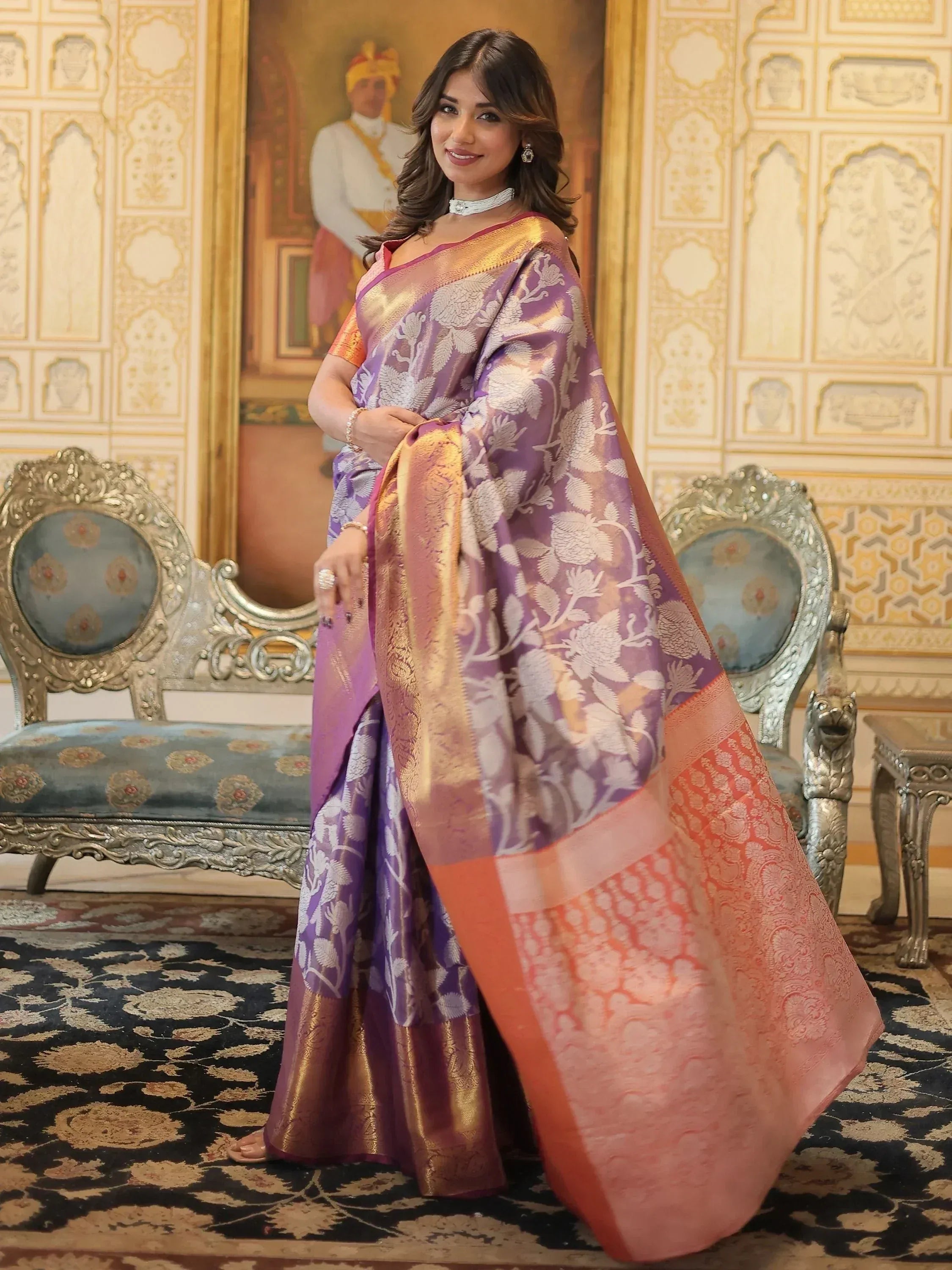 Purple floral designer saree with gold border, elegant ethnic wear for women