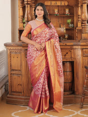 Beautiful Coral Red Zari Weaving Kanjivaram Silk Festival Wear Saree