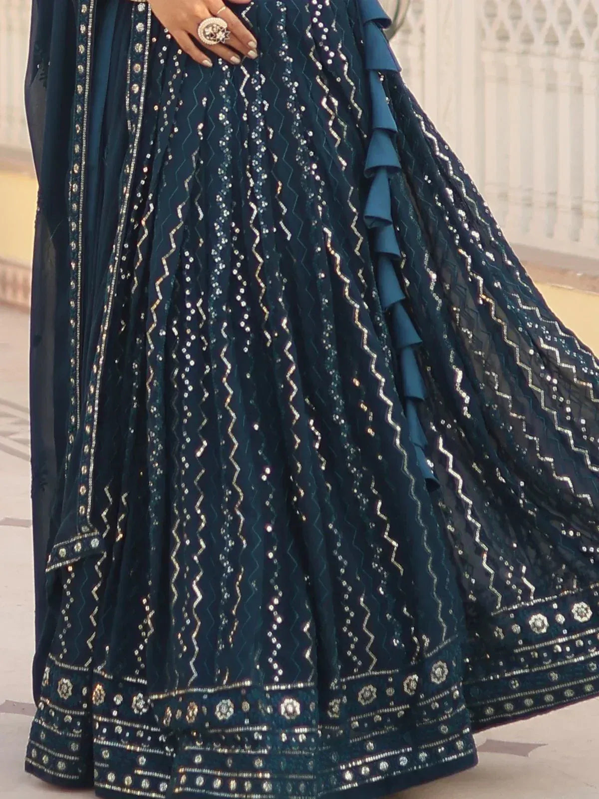 Dark blue embroidered lehenga with ruffled dupatta, perfect for Indian ethnic wear occasions