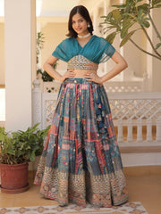 Majestic Dusty Blue Digital Printed Silk Designer Crop Top Lehenga