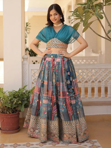 Majestic Dusty Blue Digital Printed Silk Designer Crop Top Lehenga