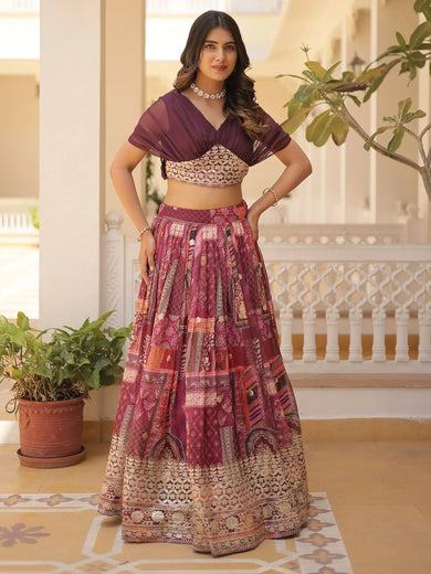 Wonderful Wine Digital Printed Silk Party Wear Crop Top Lehenga