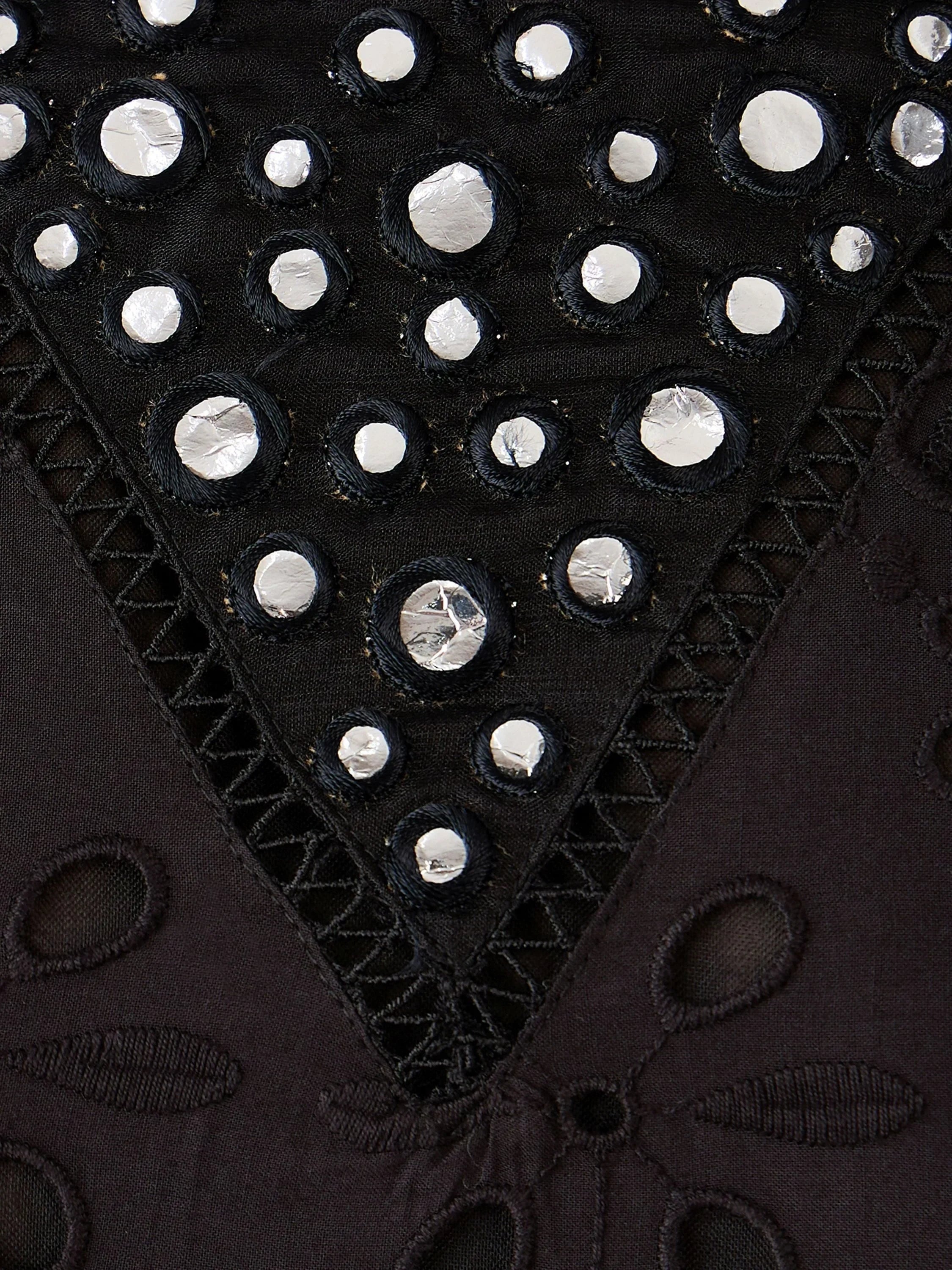 Black ethnic fabric with mirror work, thread embroidery, and cutwork floral patterns