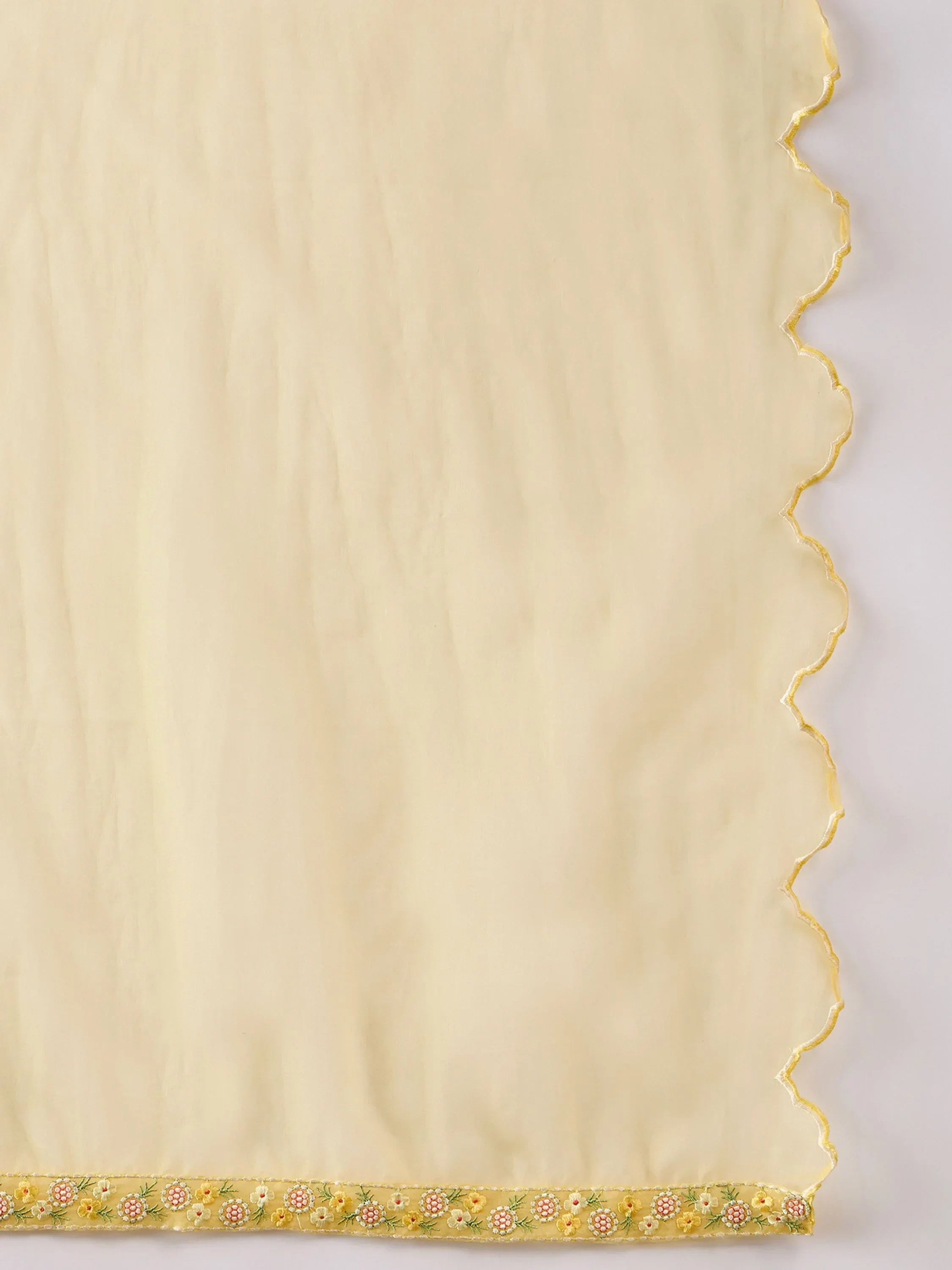 Light yellow dupatta with scalloped gold edge and floral embroidered border