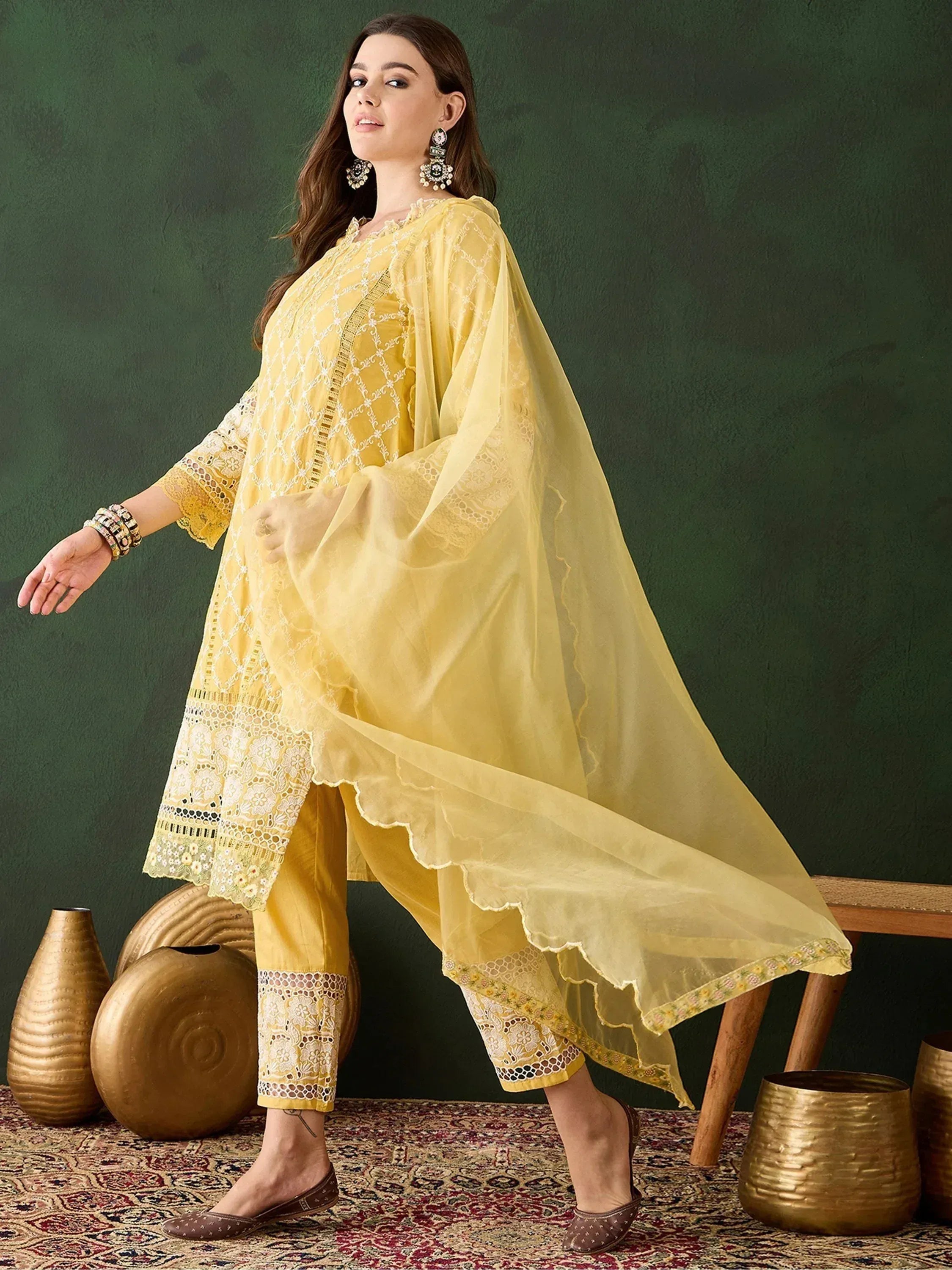 Yellow embroidered salwar kameez with lace detailing and sheer dupatta, ethnic Indian wear