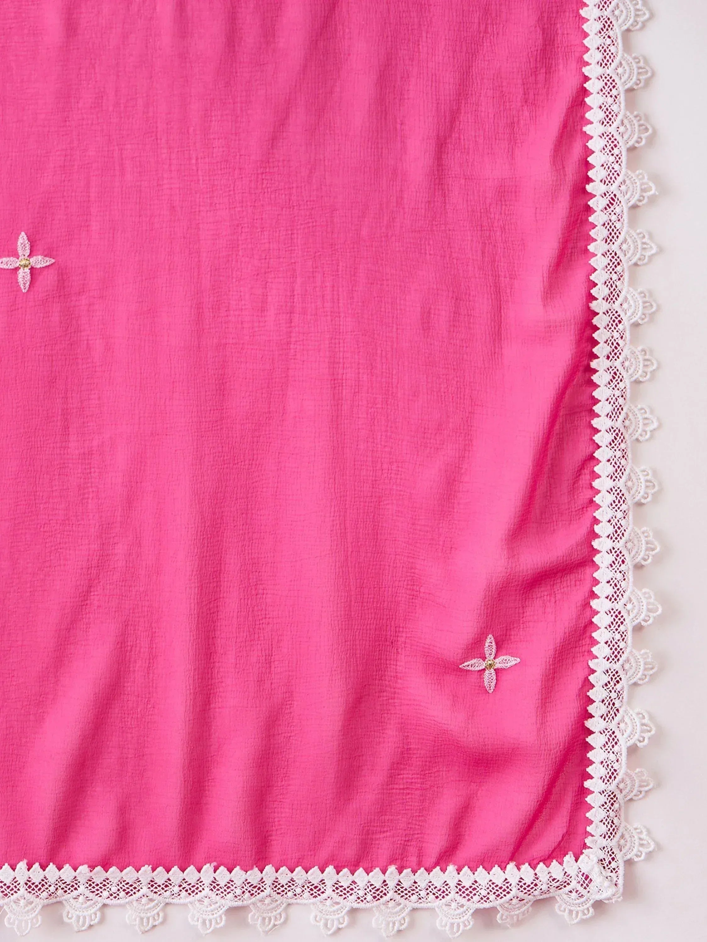 Pink ethnic dupatta with white lace border and floral embroidery, perfect for saree or salwar kameez