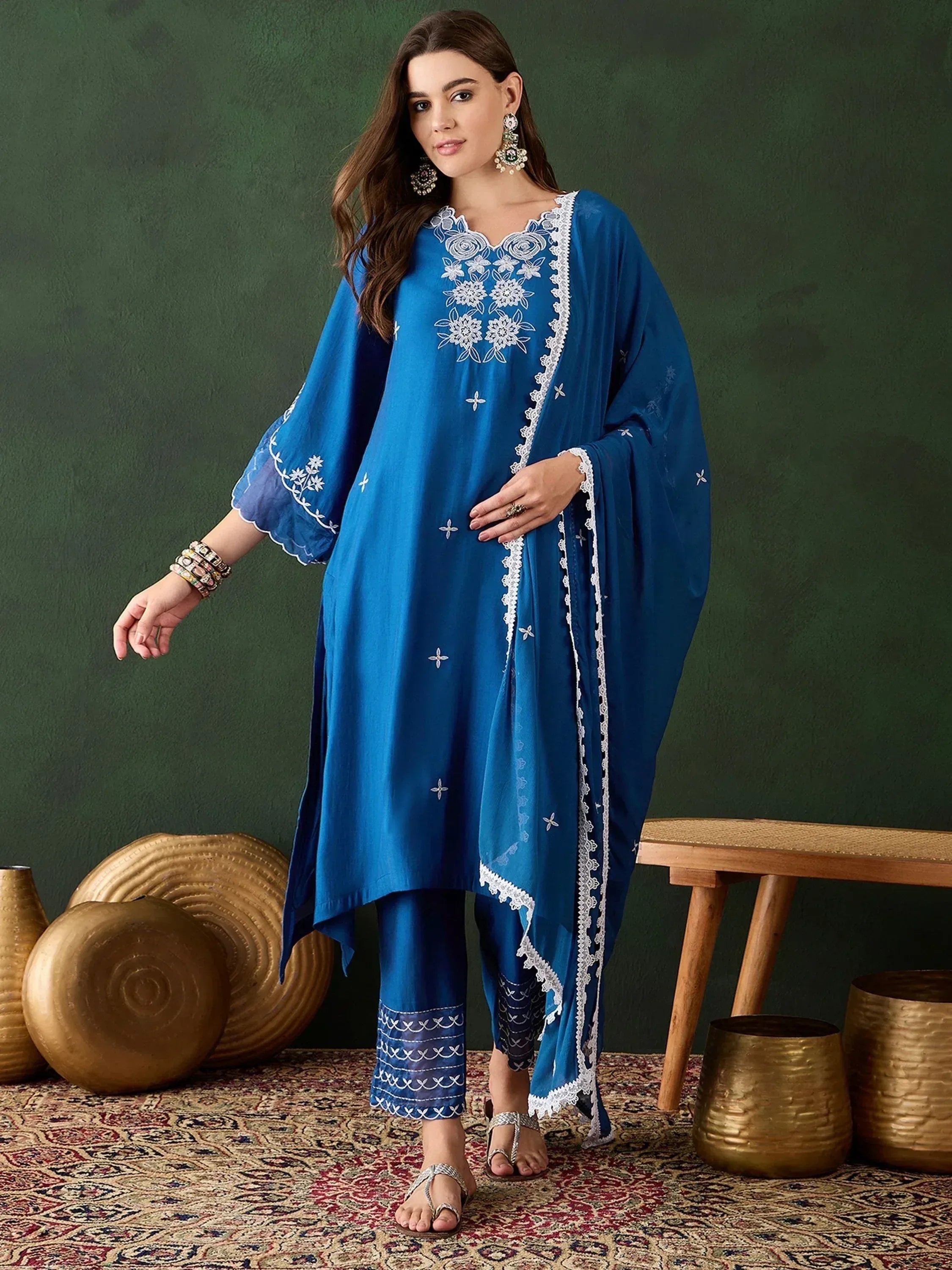 Blue embroidered salwar kameez with white floral detailing, perfect for ethnic occasions