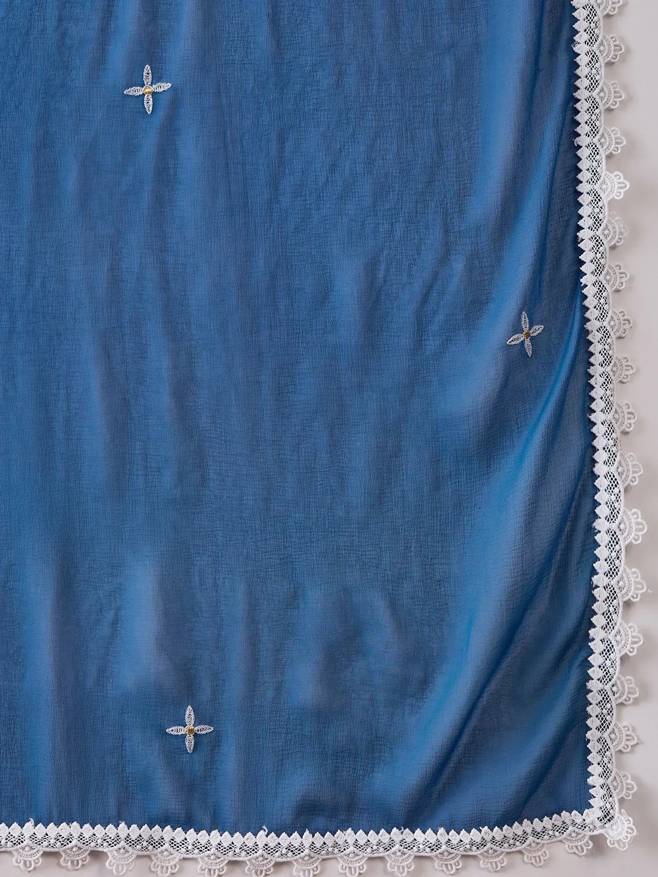 Blue ethnic dupatta with white lace border and floral embroidery for Indian wear