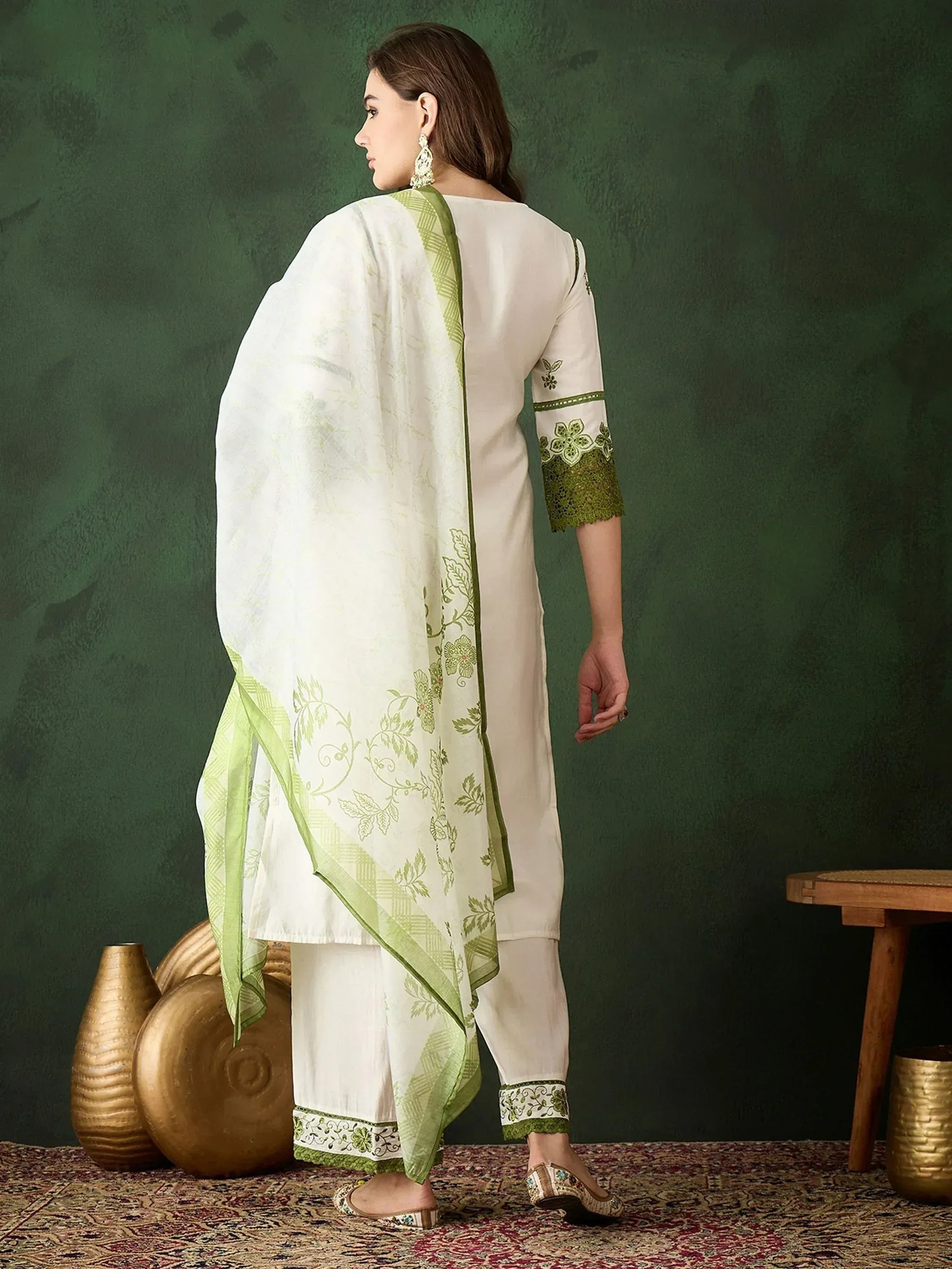 White salwar kameez with green floral embroidery and matching dupatta, ethnic Indian wear