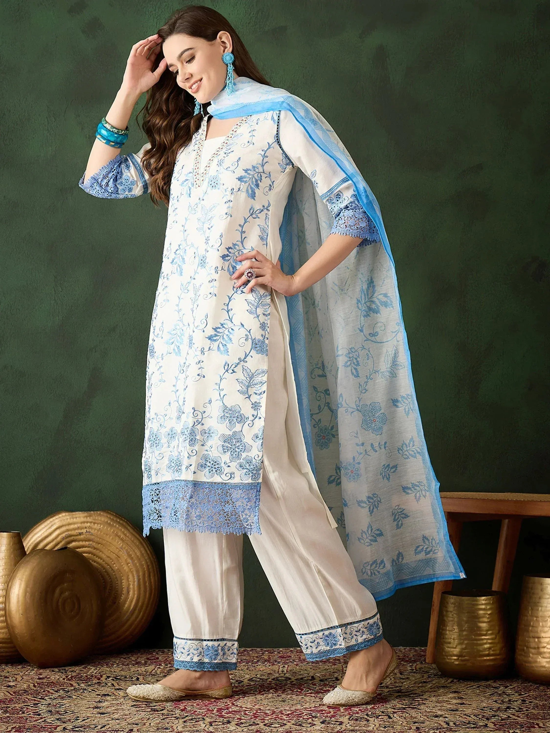 White and blue floral printed salwar kameez with lace detailing and matching dupatta, ethnic wear for women