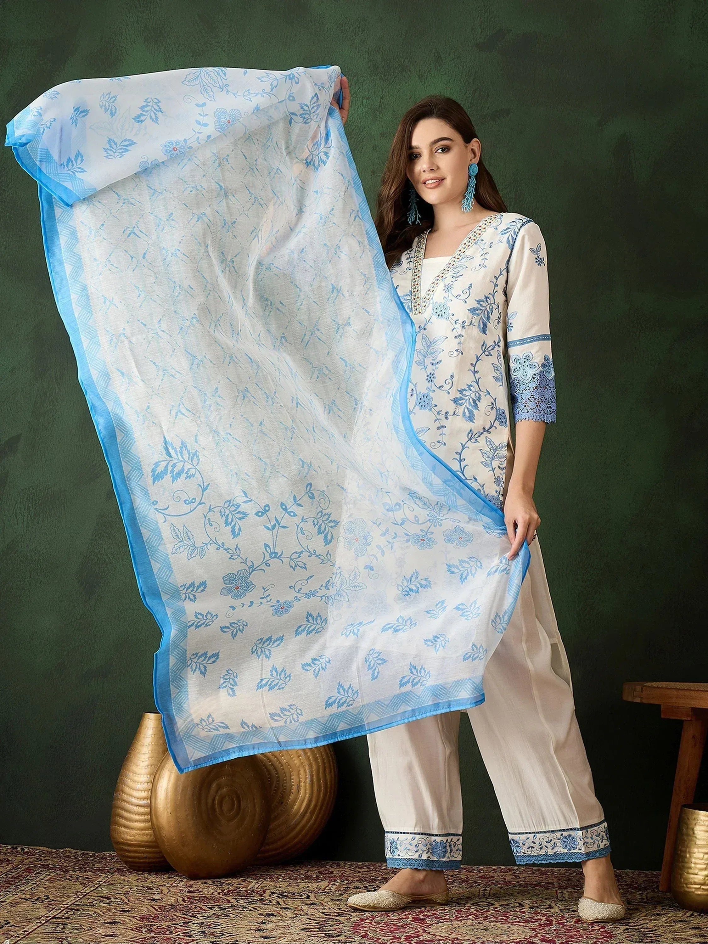 White and blue floral printed salwar kameez with matching dupatta, ethnic Indian wear