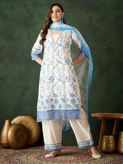 Captivating Blue Embroidered Silk Casual Wear Pant Suit With Dupatta