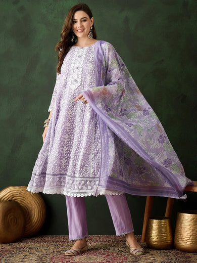 Beautiful Lavender Color Embroidered Organza Festival Wear Pant Suit
