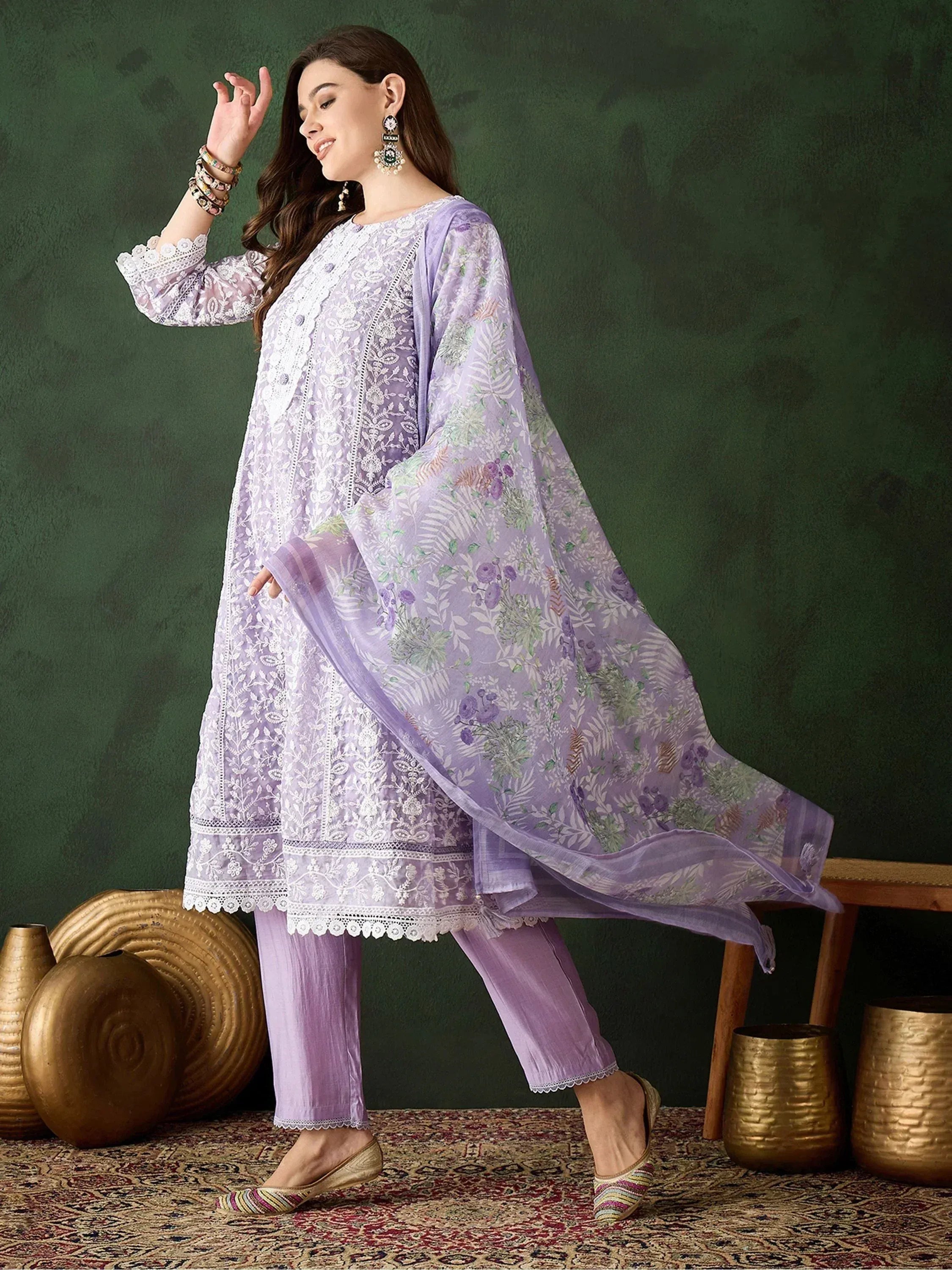 Lavender embroidered salwar kameez with floral dupatta, ethnic Indian wear for women