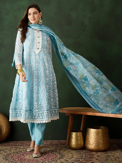 Gorgeous Sky Blue Color Embroidered Organza Event Wear Pant Suit
