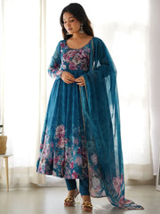 Bewitching Blue Floral Printed Organza Traditional Anarkali Suit Pant
