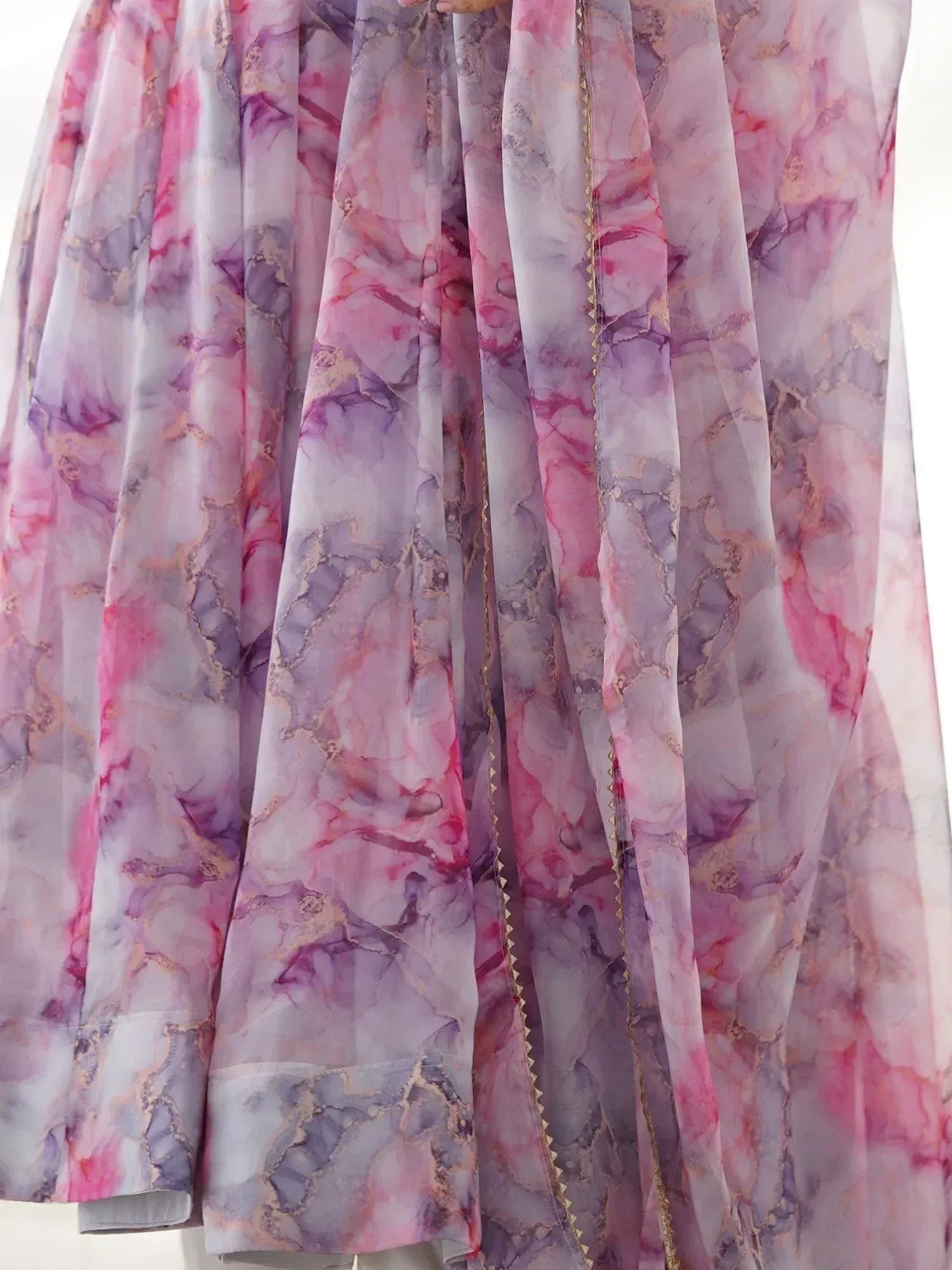 Pink and purple marble print ethnic gown with gold trim, lightweight fabric