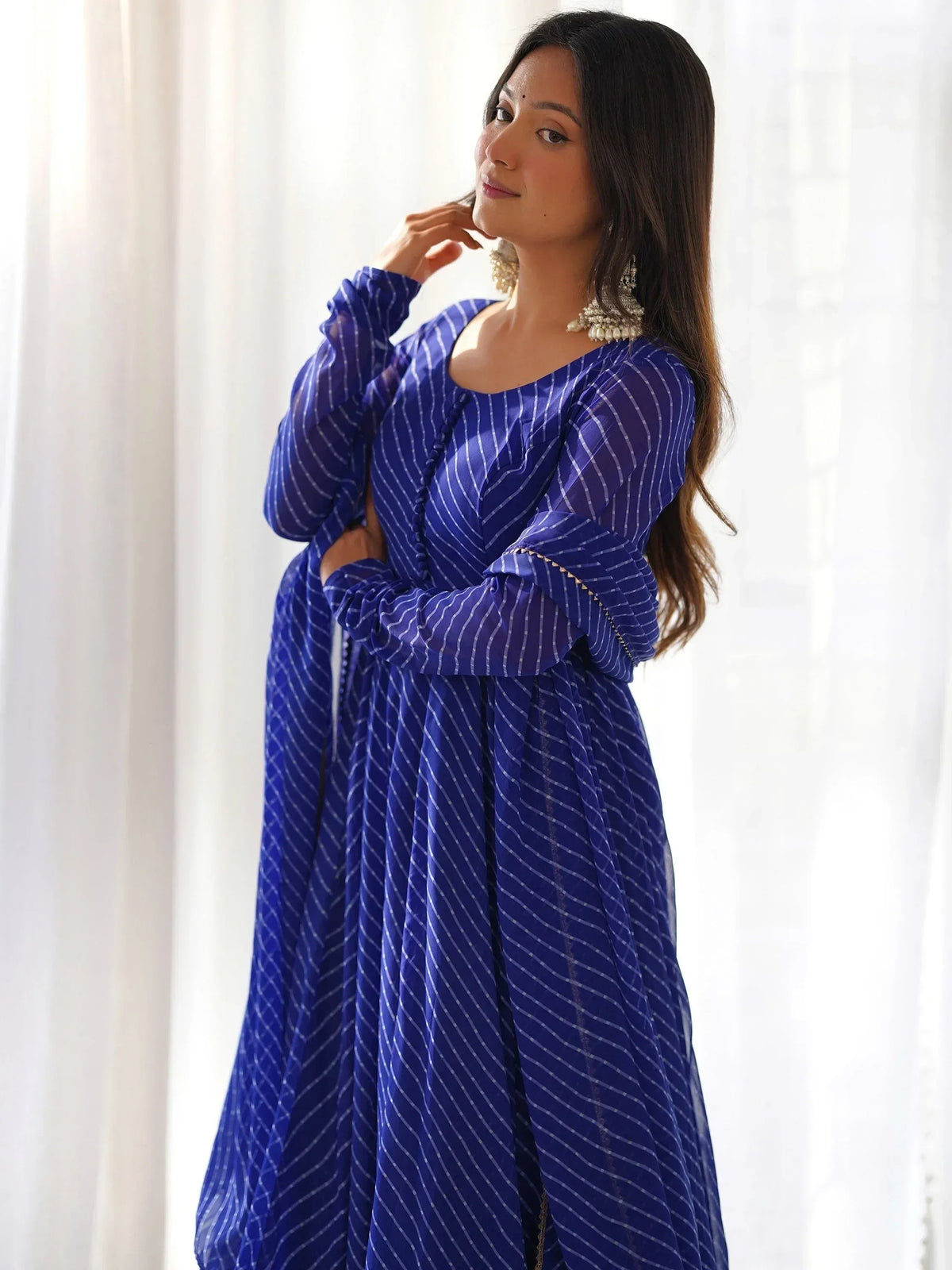 Blue striped ethnic gown with long sleeves, perfect for Indian occasions and festive wear