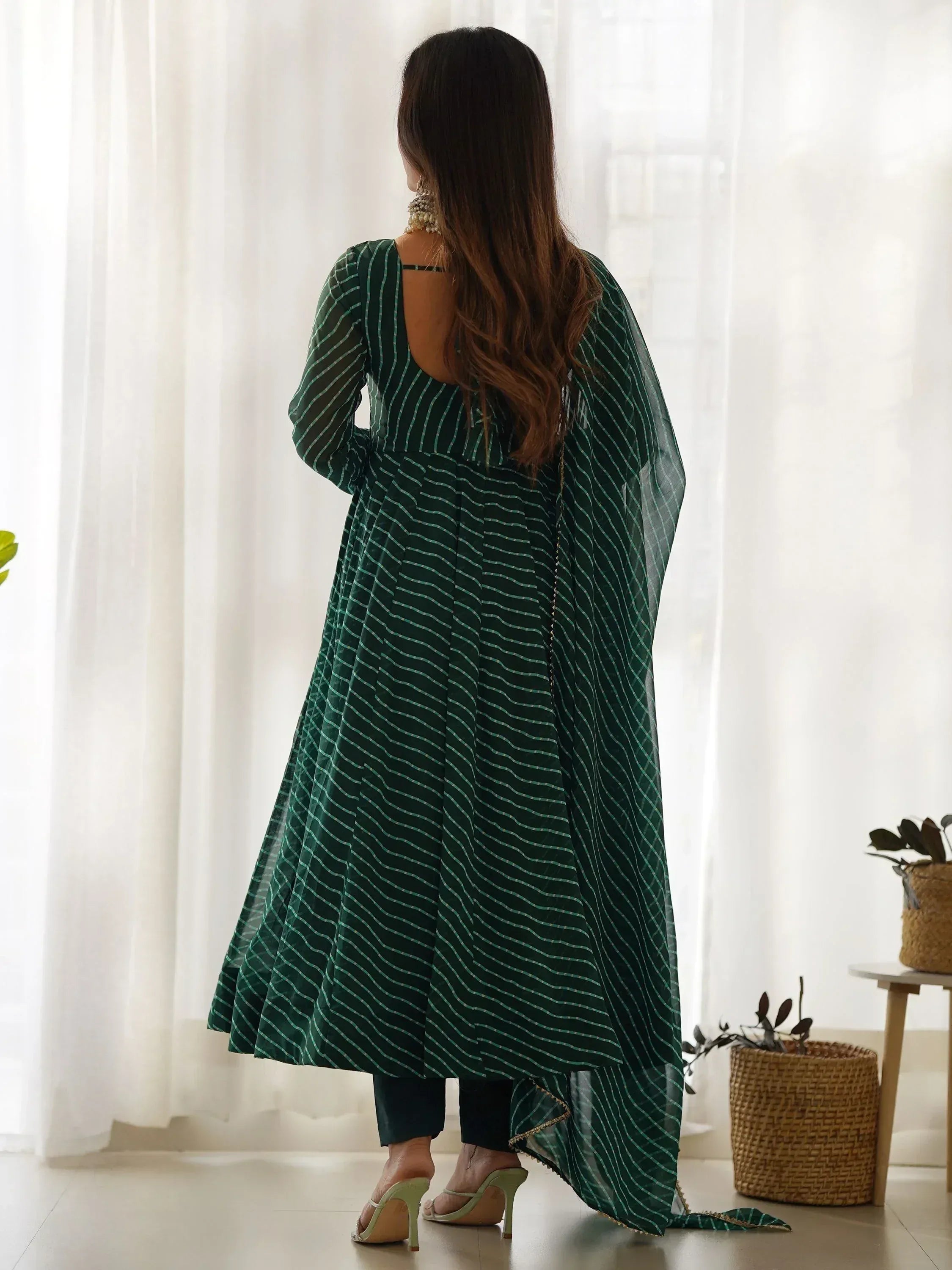 Emerald green striped anarkali suit with sheer dupatta, ethnic wear for women