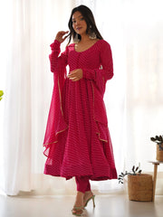 Woman in pink designer ethnic kurta set with dupatta, silver earrings, Ethnic Plus