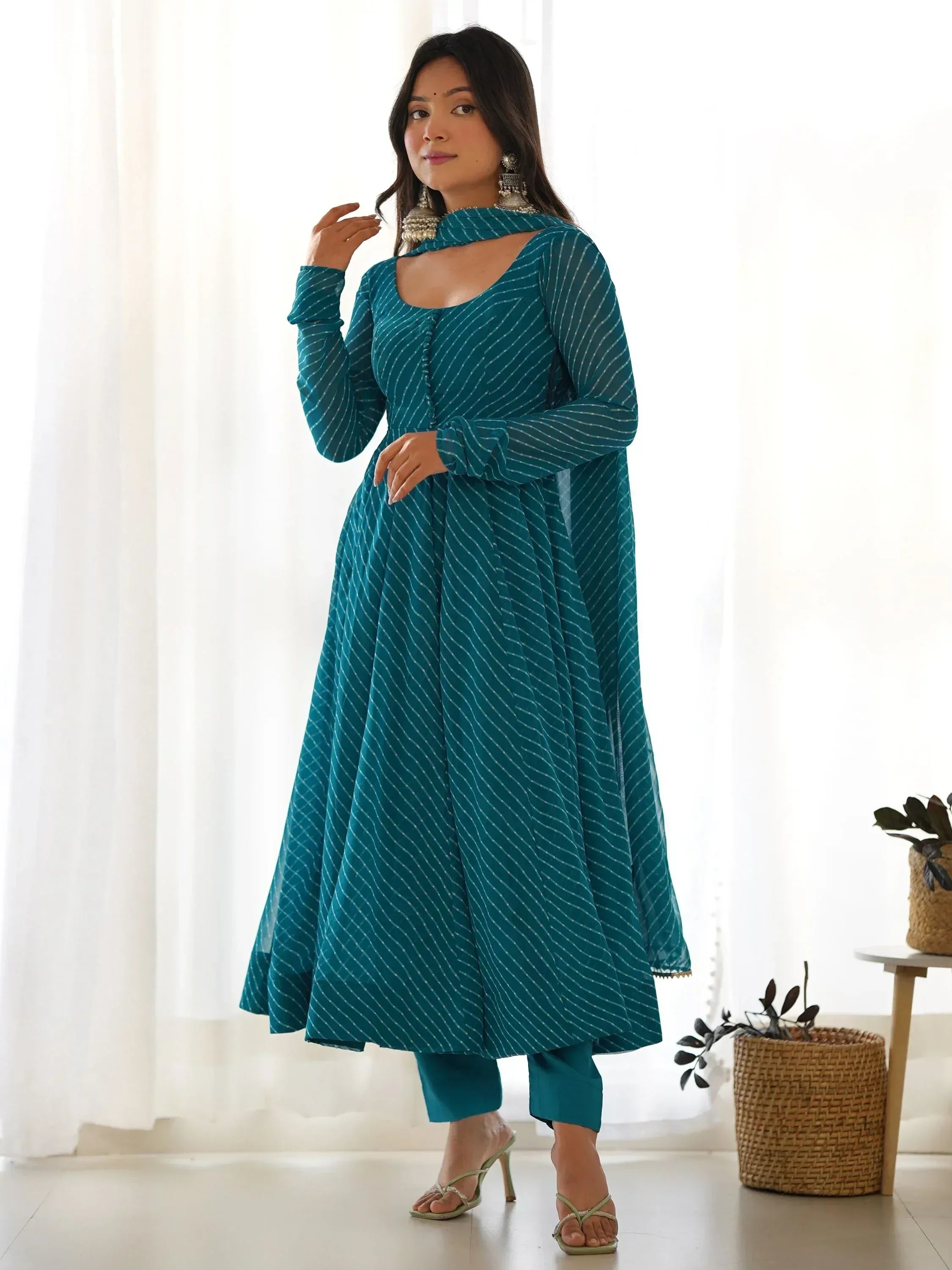 Teal striped anarkali suit with matching pants, ethnic wear for women
