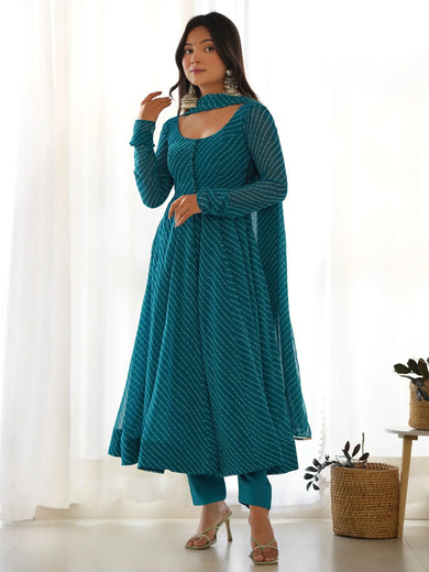 Enchanting Teal Blue Laheriya Printed Georgette Anarkali Pant Suit