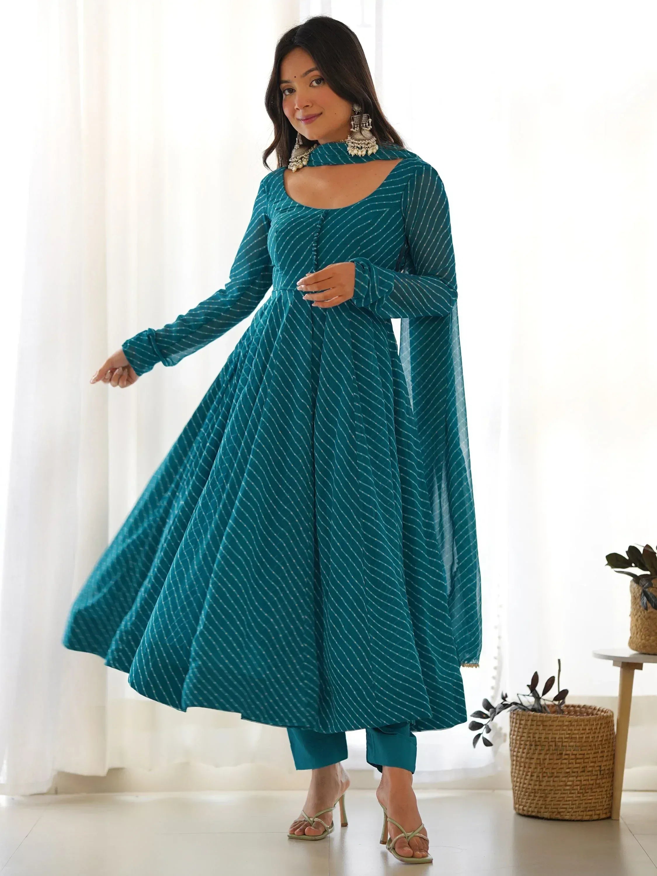 Teal striped anarkali suit with cape, ethnic wear for women, perfect for festive occasions