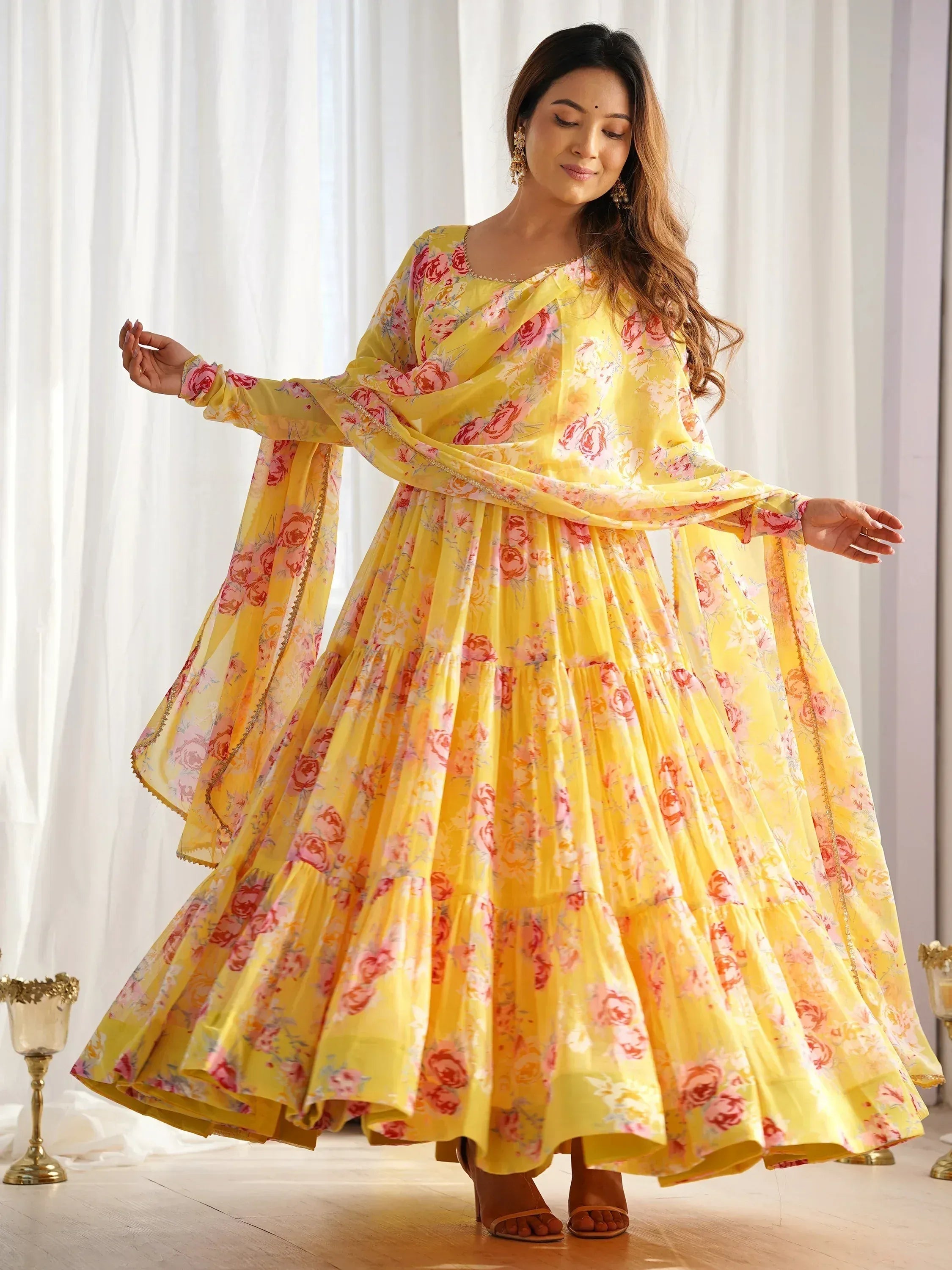 Yellow floral print anarkali suit with tiered skirt and dupatta, Indian ethnic wear for women