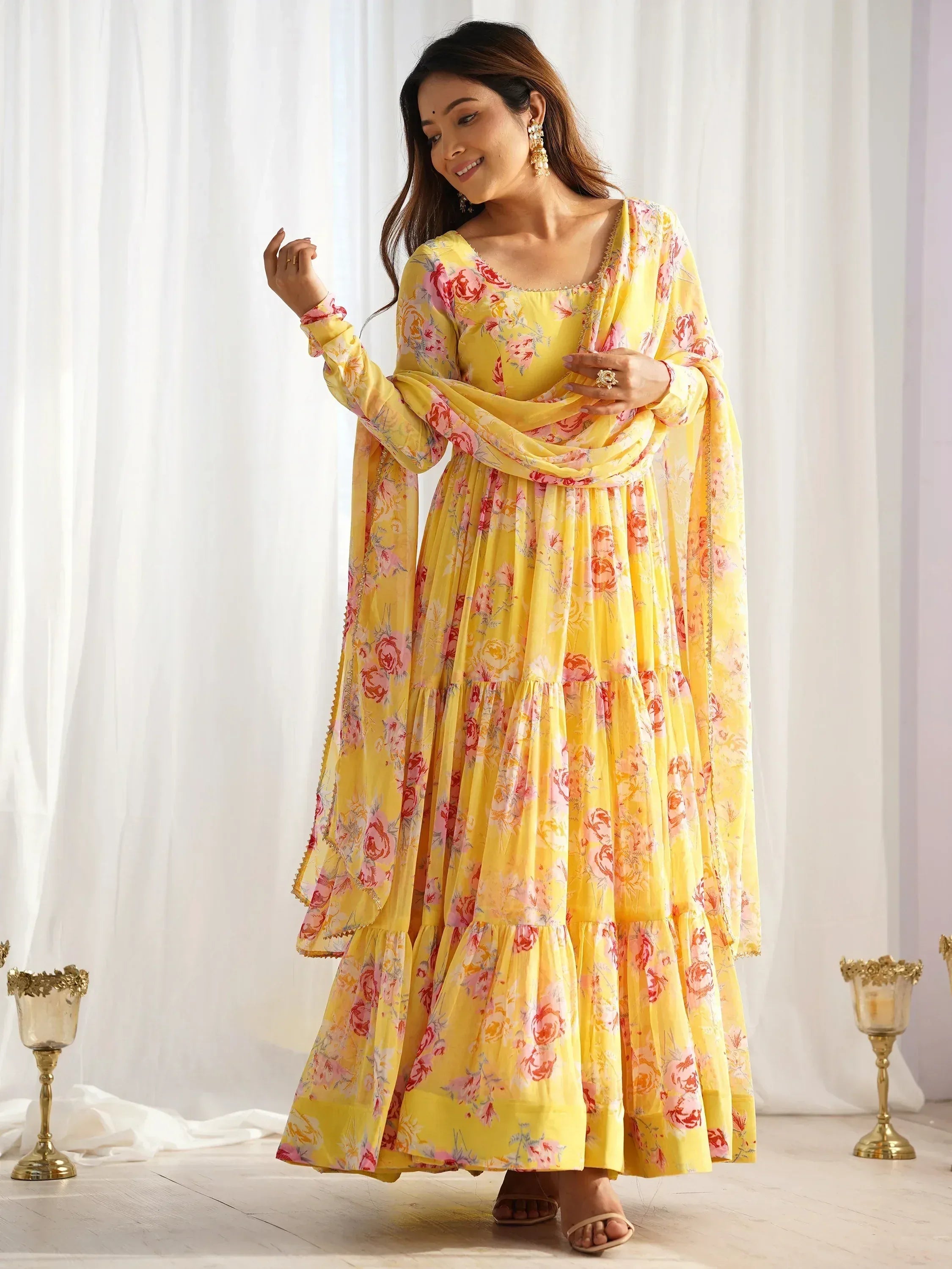 Yellow floral print anarkali suit with dupatta, ethnic Indian wear for women