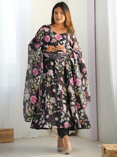 Beautiful Black Floral Printed Organza Anarkali Suit With Dupatta
