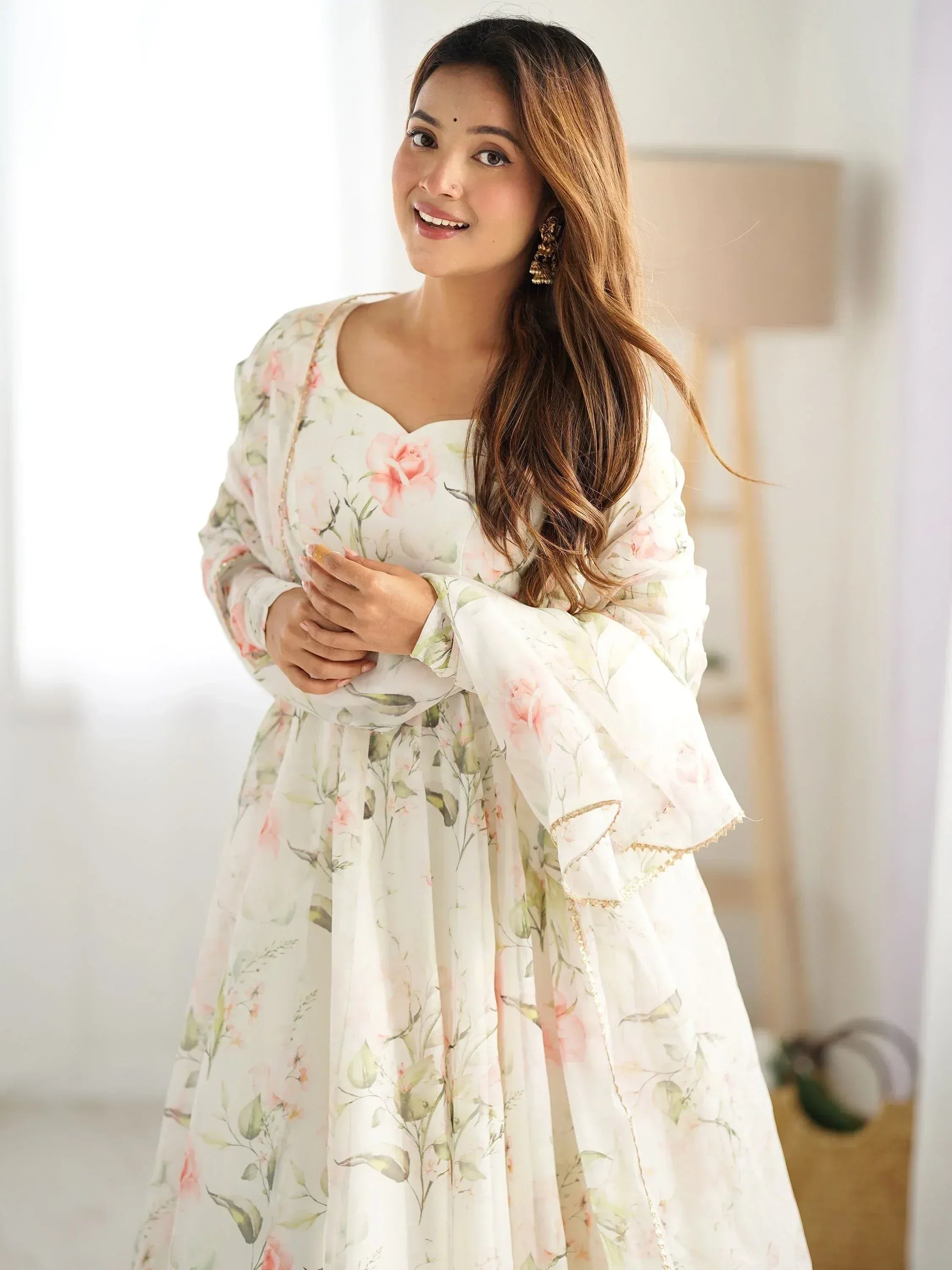 Elegant floral ethnic gown with bell sleeves for women