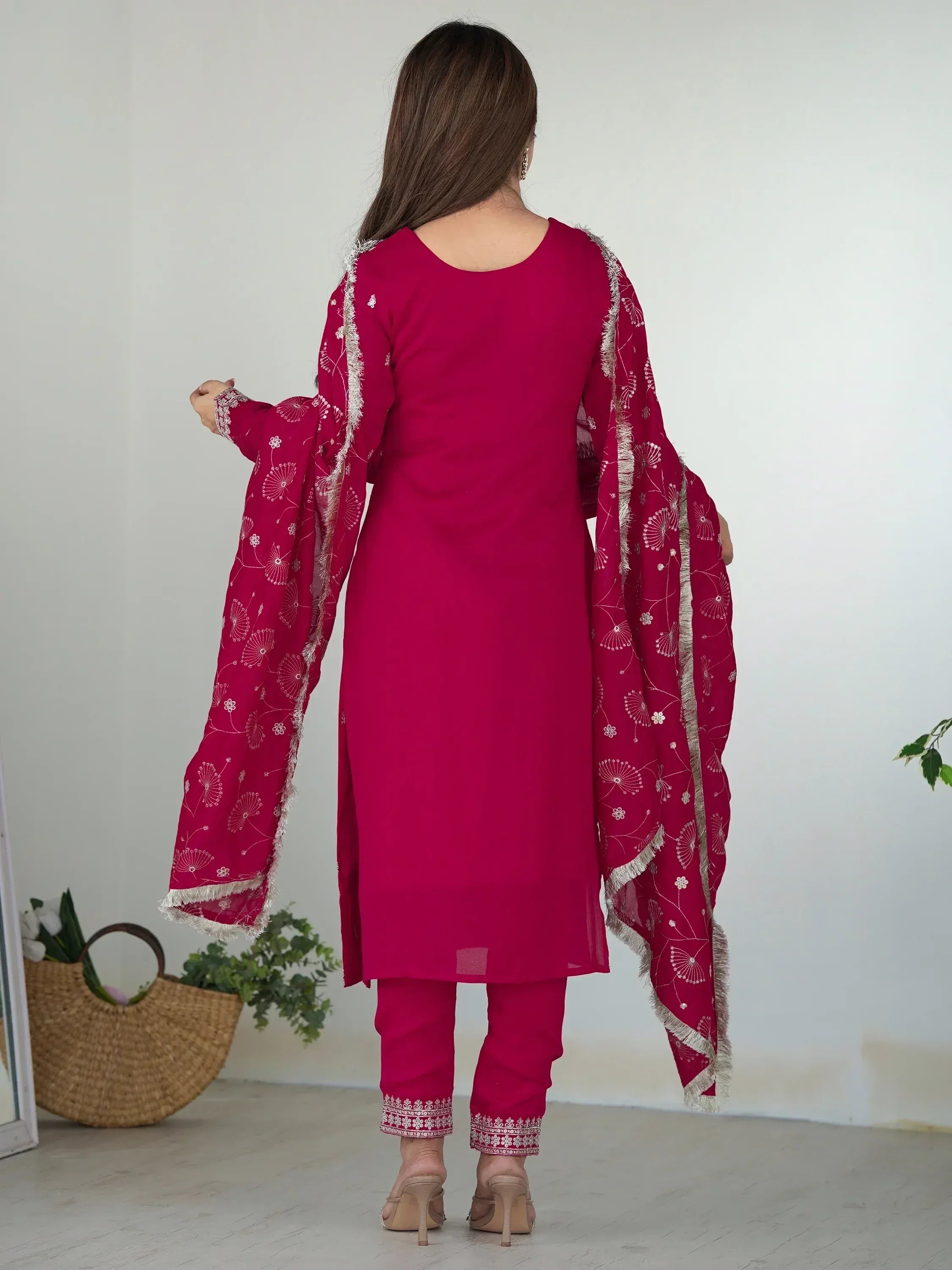 Women's magenta salwar kameez with floral dupatta, ethnic wear for festive occasions