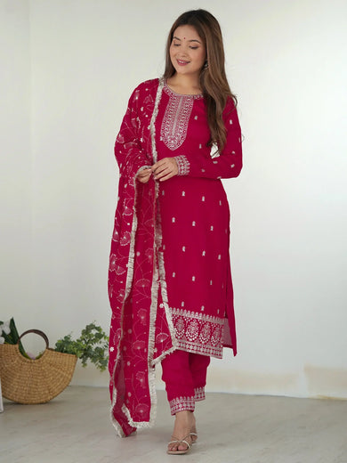 Fabulous Rani Pink Embroidered Silk Festival Wear Pant Suit